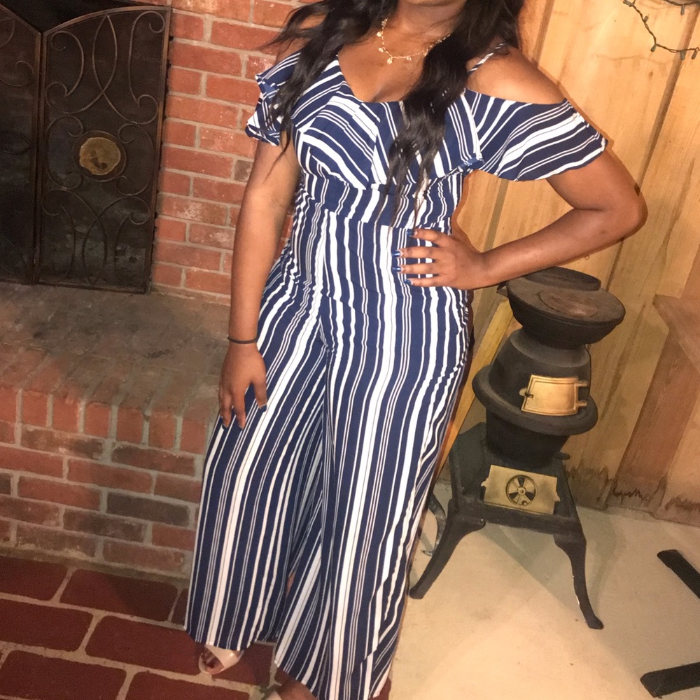 Navy Blue & White Striped Jumpsuit